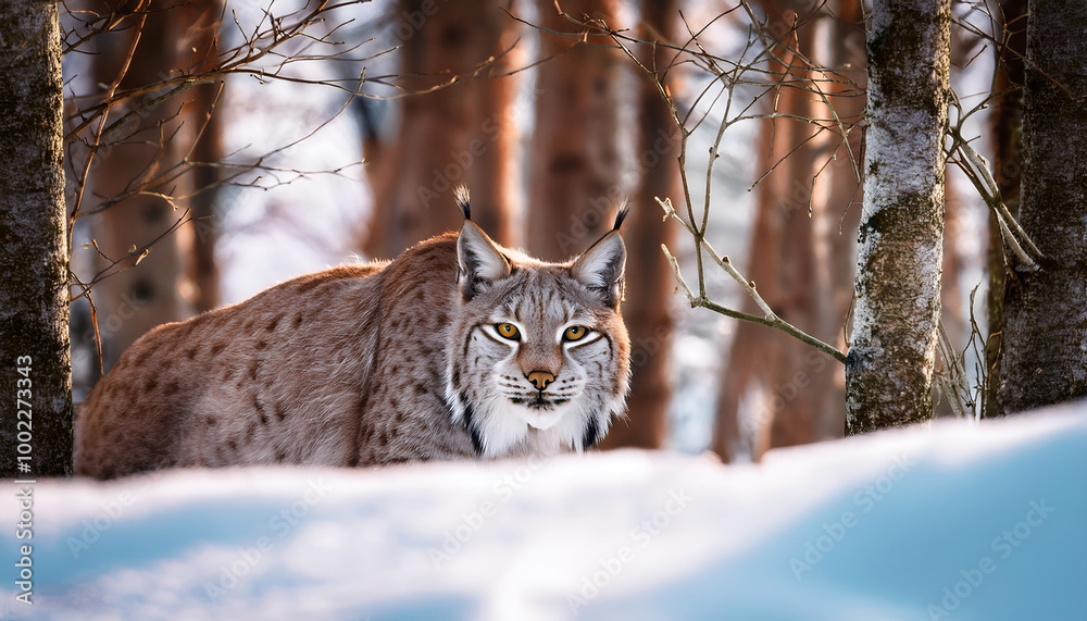 Fototapeta premium A stunning lynx prowling through a snowy forest, capturing the essence of wildlife in its natural habitat during winter. Experience the beauty and elegance of this solitary feline predator