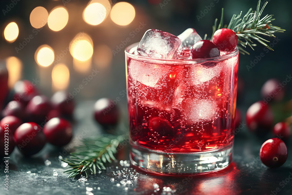 Cranberry Cocktail with Ice and Pine Sprig - Photo Cranberry Cocktail with Ice and Pine Sprig - Photo
