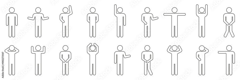 Fototapeta premium Human Figure Line Icons Set in Various Poses. Man Stick Figure with Different Gestures and Poses Outline Symbol Collection. Editable Stroke. Isolated Vector Illustration