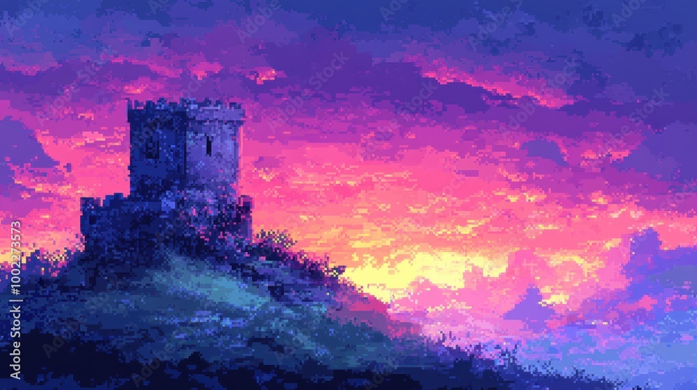 Fototapeta premium Pixelated Castle on a Hill at Sunset