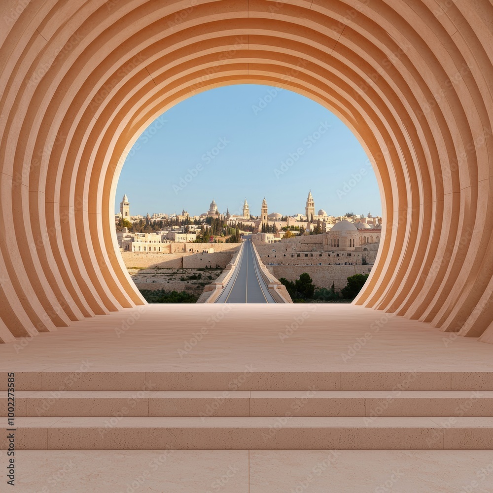 Obraz premium Architectural Arch with Scenic View of Historic City