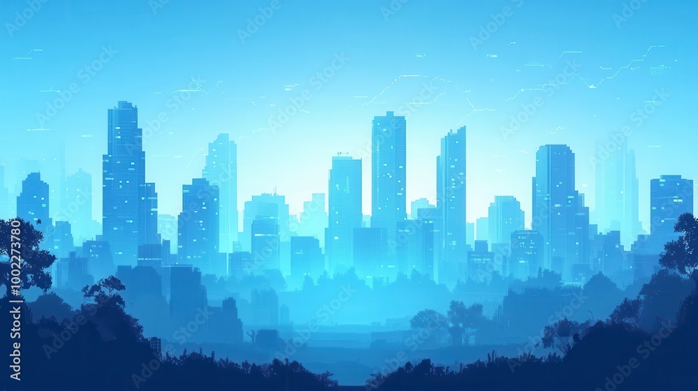 Pixelated City Skyline with Basic Building Shapes Pixelated City Skyline with Basic Building Shapes