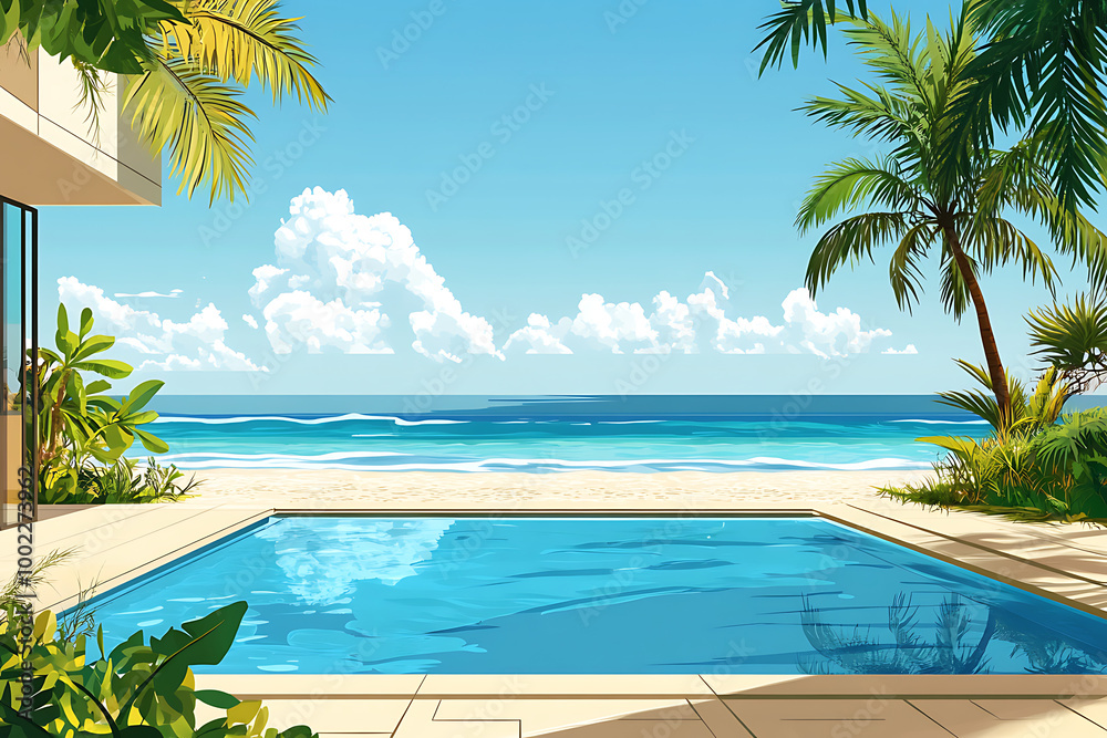 Fototapeta premium A serene poolside view overlooking a beach and ocean under a clear sky.