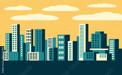 Cityscape panorama in simple style with sky