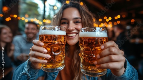 Friends enjoying craft beer at an outdoor bar during a summer evening gathering
