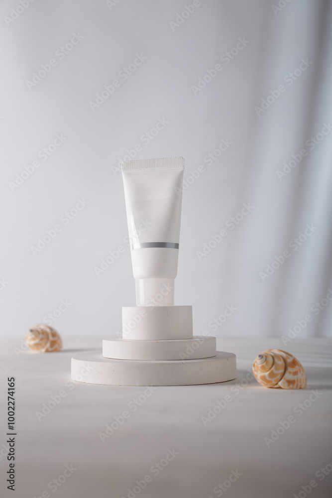 Cosmetics tube mockup on concrete stand, sea shells on white background. Unbranded beauty container, no label template. Product advertising banner, copy space Cosmetics tube mockup on concrete stand, sea shells on white background. Unbranded beauty container, no label template. Product advertising banner, copy space
