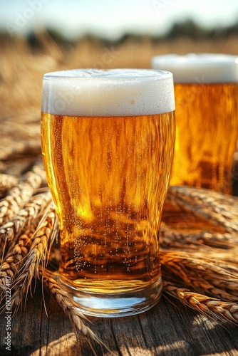 Refreshing glasses of beer nestled in golden wheat at sunset in a serene outd...