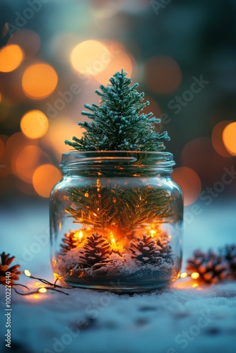 Snowy miniature Christmas tree inside a glass jar with warm lights and pine c...