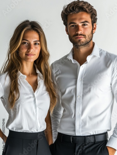 Young couple poses together in casual white shirts against a neutral background