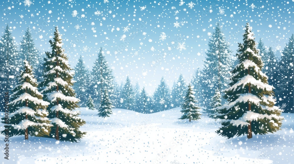 Snowy Landscape with Pine Trees and Falling Snowflakes Snowy Landscape with Pine Trees and Falling Snowflakes