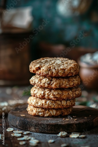 Freshly baked oatmeal cookies stacked on a wooden board in a rustic kitchen