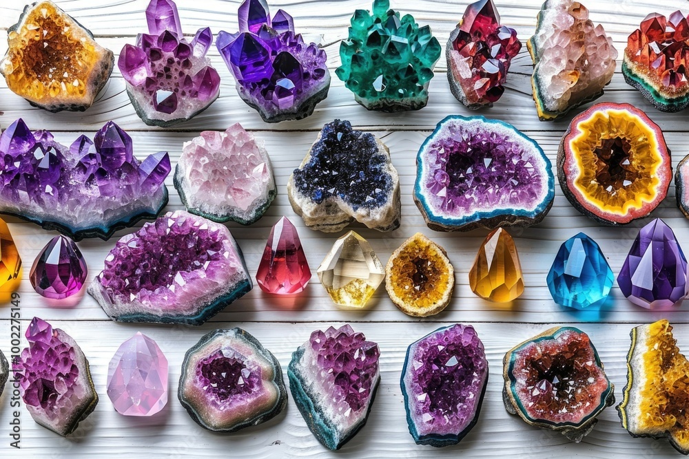 Crystals on white table for spiritual healing and relaxation. Crystals on white table for spiritual healing and relaxation.