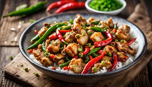 Stir fry chinese salt and pepper chicken with red, green chilli, onion, spring onion in white bowl. 