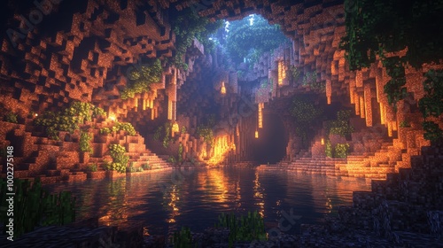 Retro Cave Scene with Blocky Stalactites and Water Reflection photo