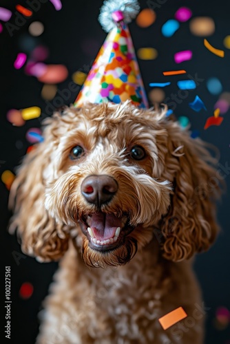 Happy dog celebrating a birthday with a party hat and colorful confetti in a ...
