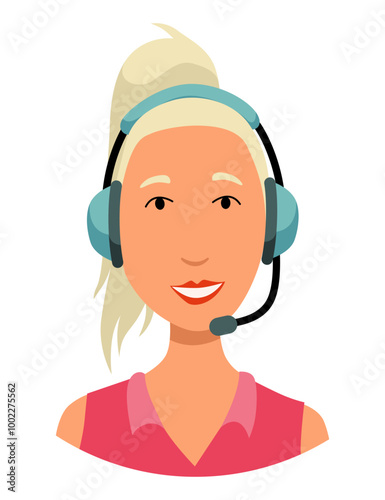 Call center operator avatar with headphone. Online support service assistant. Female customer help manager. Vector illustration of character