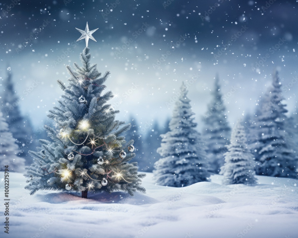 Christmas fir tree in snowy winter landscape Christmas fir tree in snowy winter landscape
