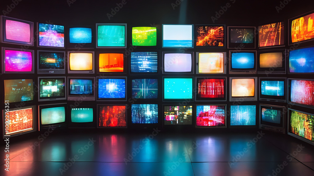 Colorful retro television screens displaying various digital patterns and visuals Colorful retro television screens displaying various digital patterns and visuals