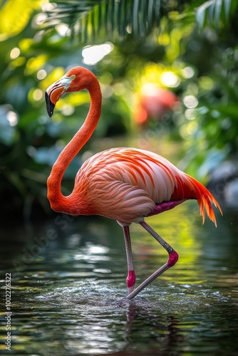 Flamingos wading in a serene tropical pond surrounded by lush greenery
