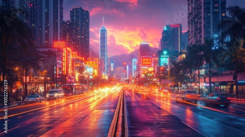 A vibrant cityscape at dusk with a colorful sunset over the city. Cars drive along a wet road, surrounded by neon lights and tall buildings.