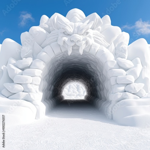 Majestic Ice Cave with Intricate Snow Sculpture Entrance photo