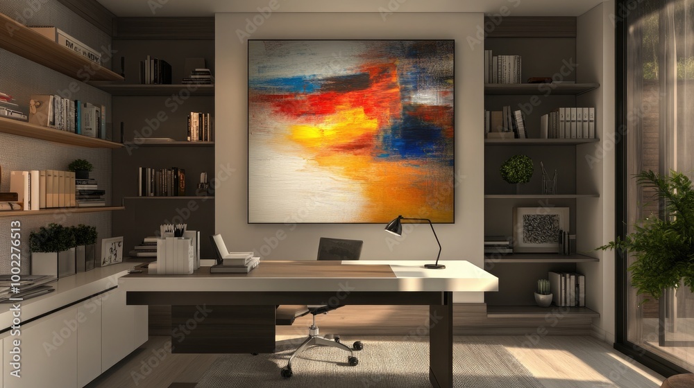 A modern home office with a floating desk A modern home office with a floating desk