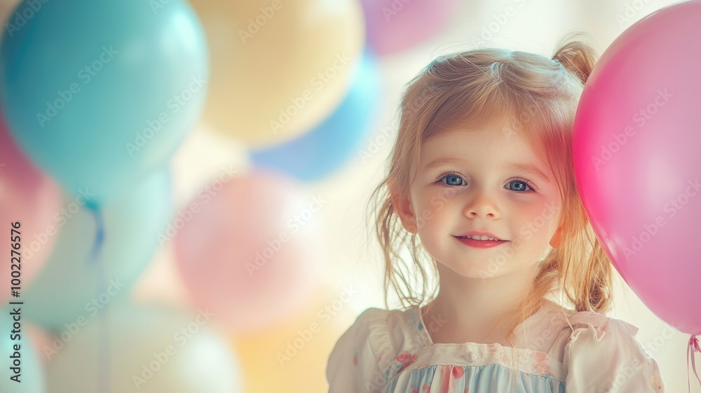 Caucasian girl at party with colorful balloons, smiling warmly Caucasian girl at party with colorful balloons, smiling warmly