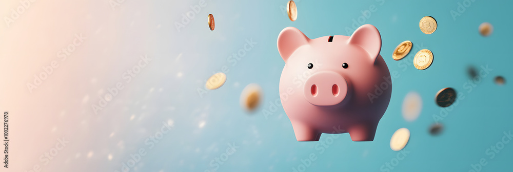 pink piggy bank with coins falling inside - savings concept pink piggy bank with coins falling inside - savings concept