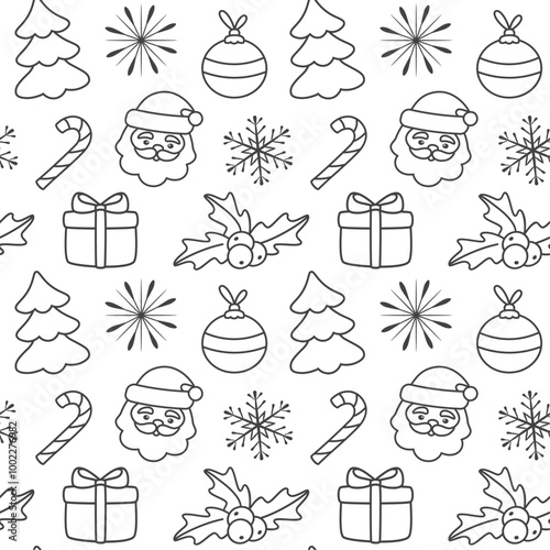 Seamless vector pattern of Christmas line icons on white background, design for wrapping paper, textile printing, wallpaper.
