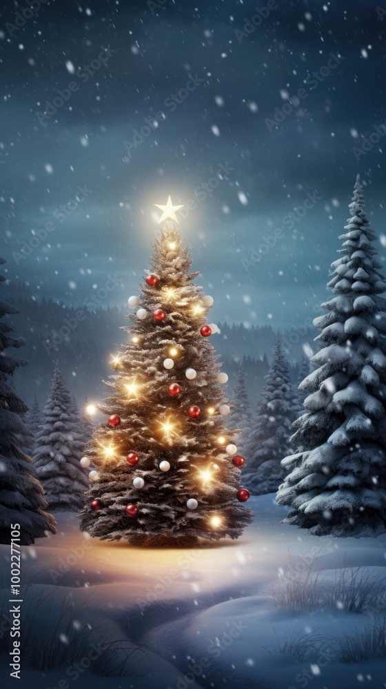 Christmas fir tree in snowy winter landscape Christmas fir tree in snowy winter landscape