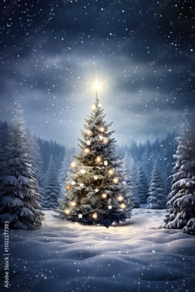 Christmas fir tree in snowy winter landscape Christmas fir tree in snowy winter landscape