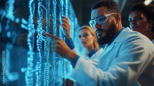 Scientists collaborating on data analysis in a high-tech research laboratory ...