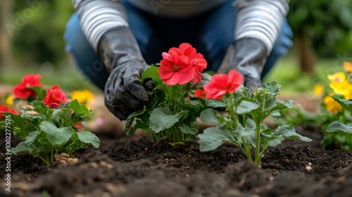 Gardener tending to blooming flowers in a vibrant garden during springtime planting