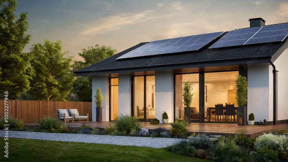 new suburban house with photovoltaic system on the roof. Modern eco-friendly passive house with solar panels on the gable roof, with sunlight in the afternoon new suburban house with photovoltaic system on the roof. Modern eco-friendly passive house with solar panels on the gable roof, with sunlight in the afternoon