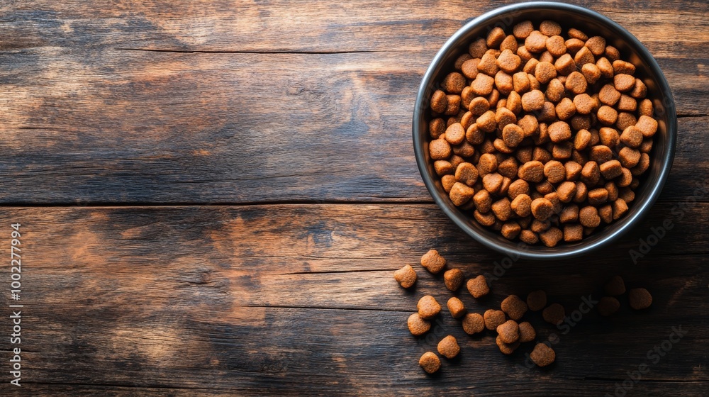 Dog food in a brown bowl on a wooden table with scattered kibbles around it Dog food in a brown bowl on a wooden table with scattered kibbles around it