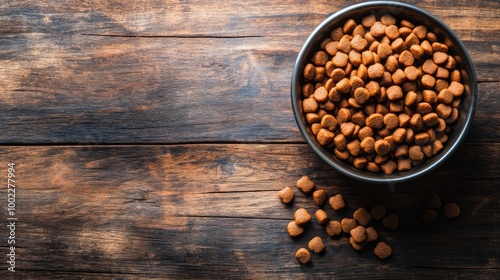 Dog food in a brown bowl on a wooden table with scattered kibbles around it