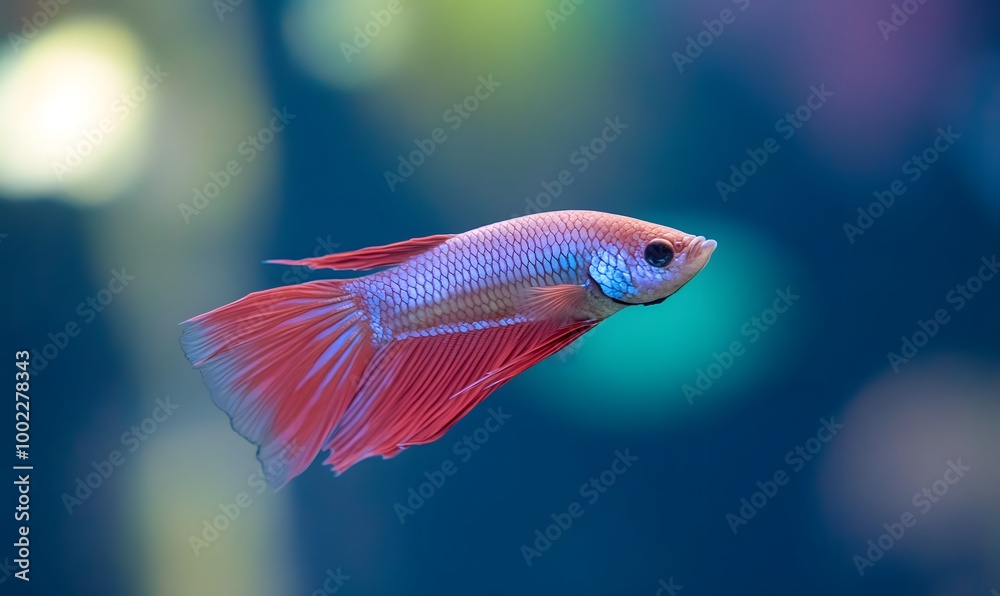 A striking red and blue Betta fish swimming elegantly in an environment filled with bokeh lights, Generative AI A striking red and blue Betta fish swimming elegantly in an environment filled with bokeh lights, Generative AI
