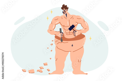 Man is interested in bodybuilding and building beautiful body with muscles and six-pack abs