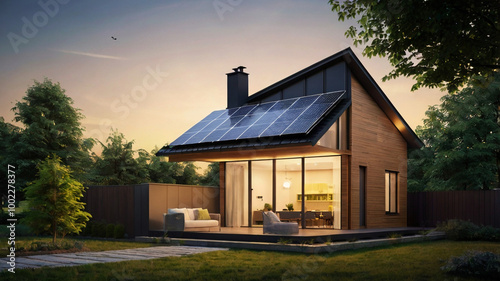 new suburban house with photovoltaic system on the roof. Modern eco-friendly passive house with solar panels on the gable roof, with sunlight in the afternoon photo