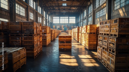 Spacious Warehouse with Wooden Crates in Natural Sunlight