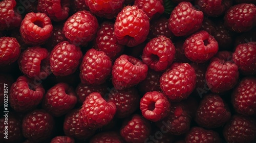 Fresh raspberries arranged closely on a dark surface in natural light