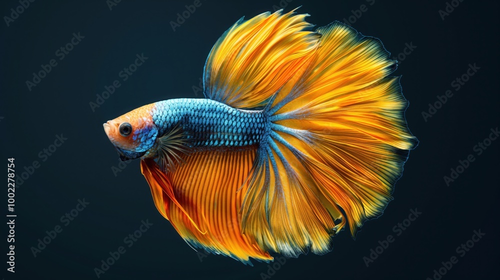 Fototapeta premium Colorful tropical betta fish with flowing fins swimming on black background. Vibrant scales and elegant movement create mesmerizing display, showcasing beauty and grace of aquatic life