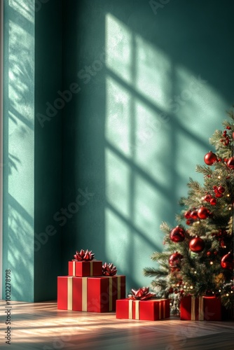 Festive arrangement with pinecones and golden ornaments on a dark green backd...