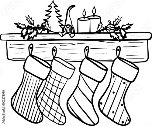 Christmas mood line art composition hanging socks with presents. Christmas 
 hanging shelf decorated with socks, candles for winter holiday.
