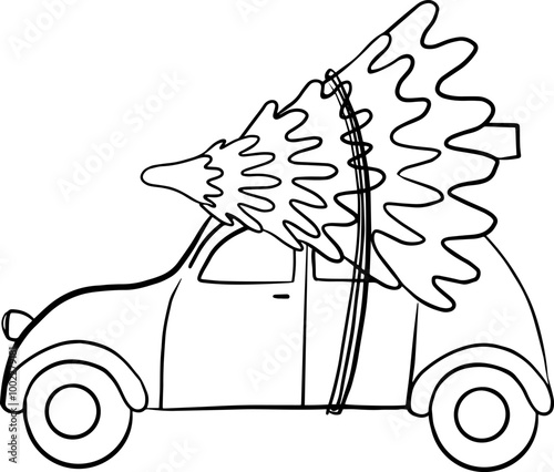 Retro car with pin Christmas tree on roof top illustration, Black outline holiday retro greeting card line art, Fun Christmas line art.
