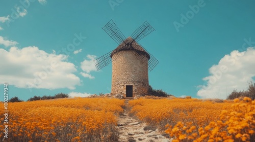 Windmill under bright sun in clear blue sky with scattered clouds