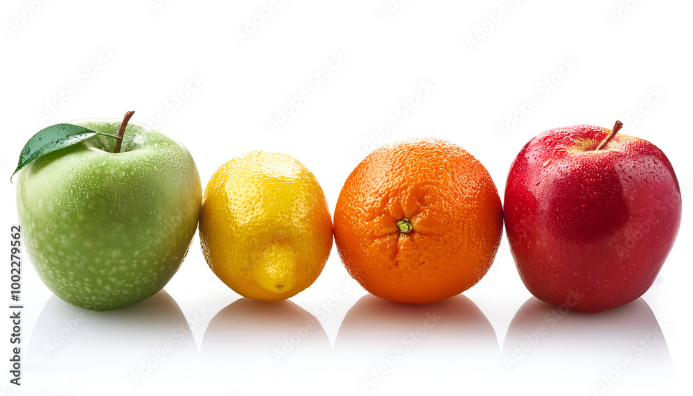 A vibrant display of fresh fruits including a green apple, lemon, orange, and red apple. Perfect for health, freshness, and nutrition themes, showcasing a colorful and bright ensemble A vibrant display of fresh fruits including a green apple, lemon, orange, and red apple. Perfect for health, freshness, and nutrition themes, showcasing a colorful and bright ensemble