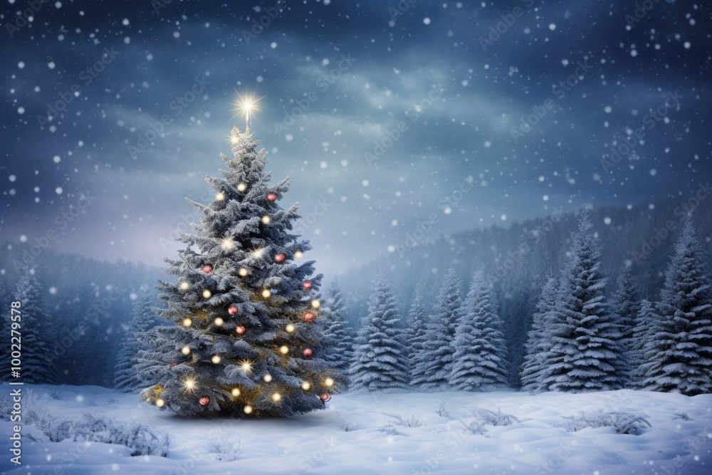 Christmas fir tree in snowy winter landscape Christmas fir tree in snowy winter landscape