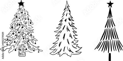 Set of christmas tree graphic art with line doodle hand drawn vector illustration isolated on black