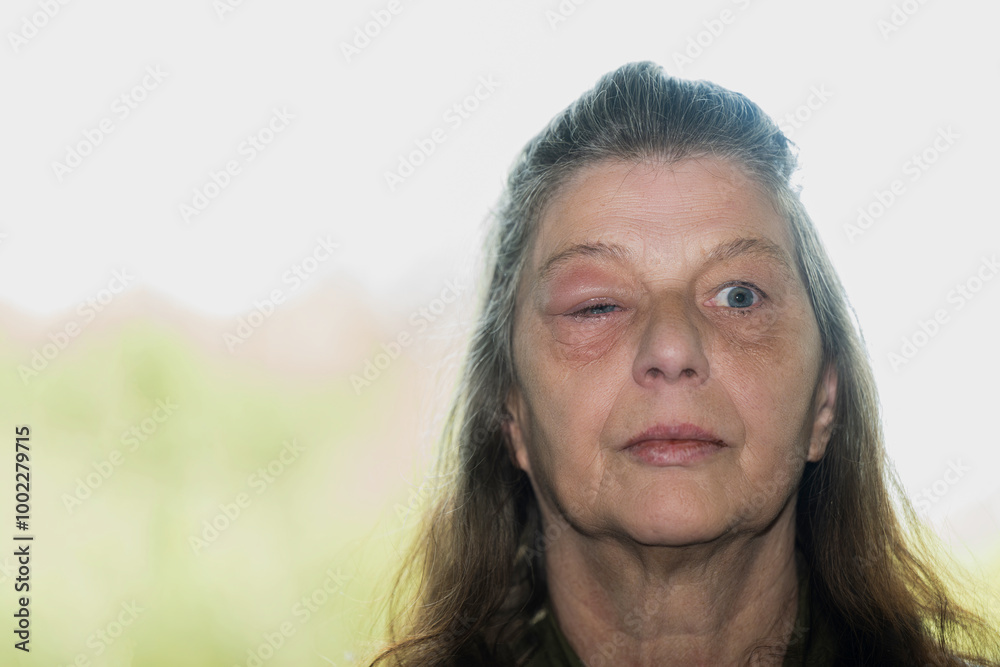 Frau mit geschollenem Auge nachdem ein Ast ins Auge gestochen hat